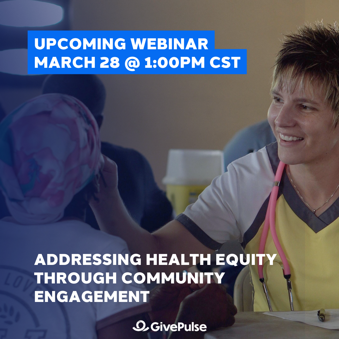 Image of a health student and patient with text reading: Upcoming Webinar, March 28th at 1 o'clock pm central standard time. Webinar title: Addressing Health Equity Through Community Engagement