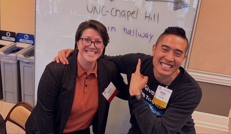 George and Katelyn in the background with text reading Building Service Portfolios at UNC-Chapel Hill with GivePulse Tools.