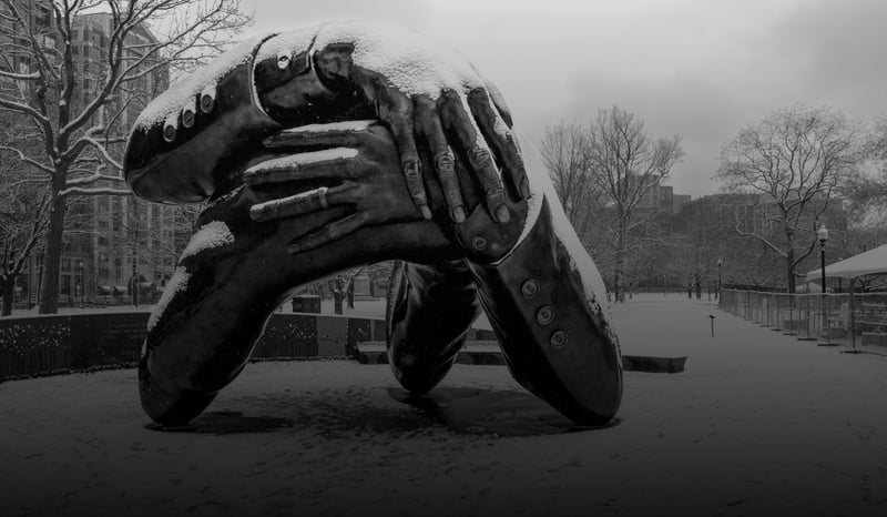“The Embrace,” a massive bronze piece by Hank Willis Thomas, depicts a historic moment after Martin Luther King Jr. received the Nobel Peace Prize in 1964.