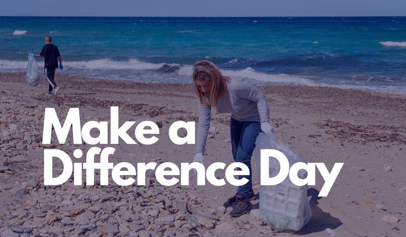 Background image of volunteers celebrating Make a Difference Day by participating in a local park cleanup event with text reading "Make a Difference Day" 