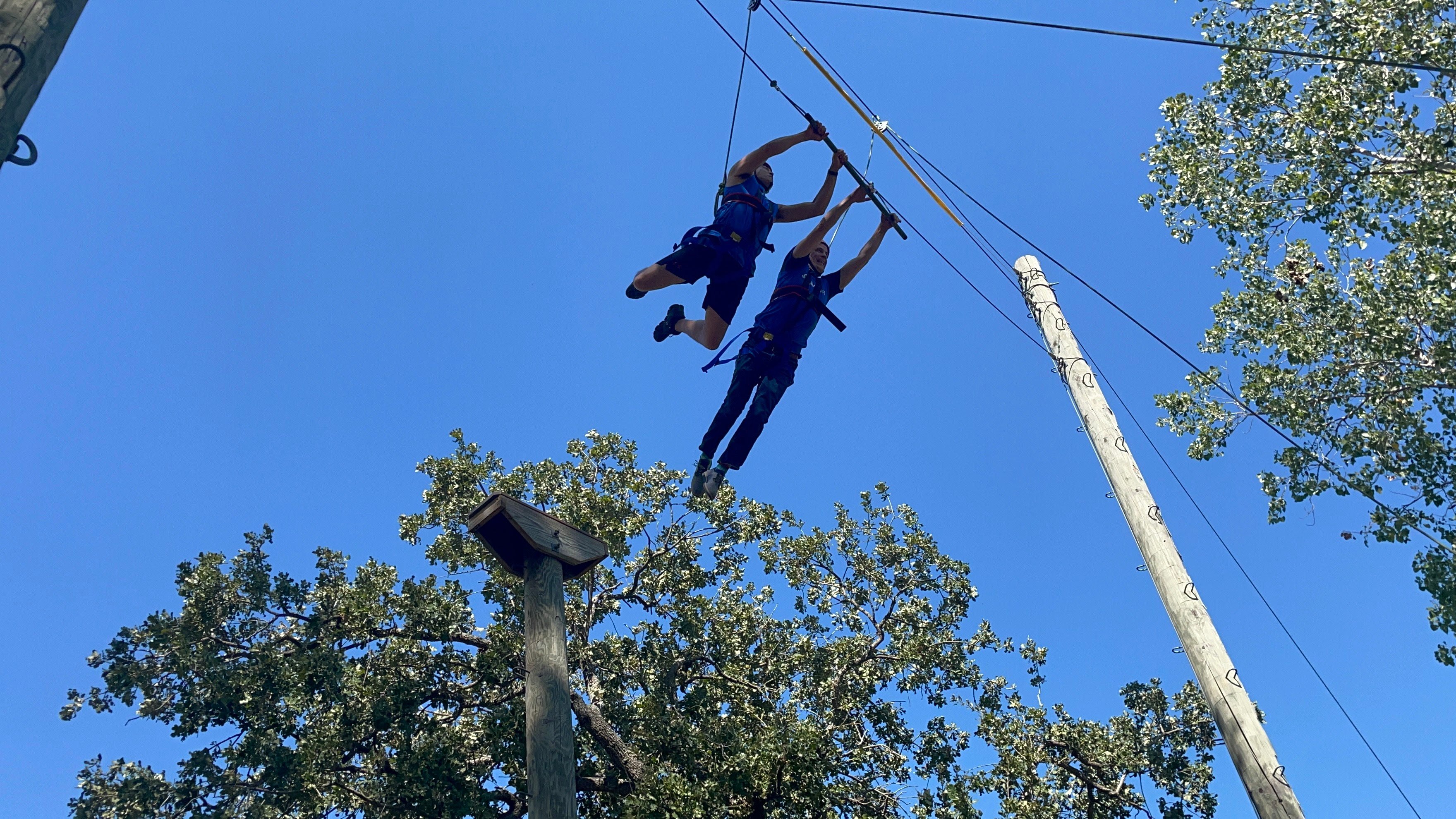 Co-founders, George and James, at the Baylor University Challenge Course jumping from a telephone pole and hanging onto a trapeze bar