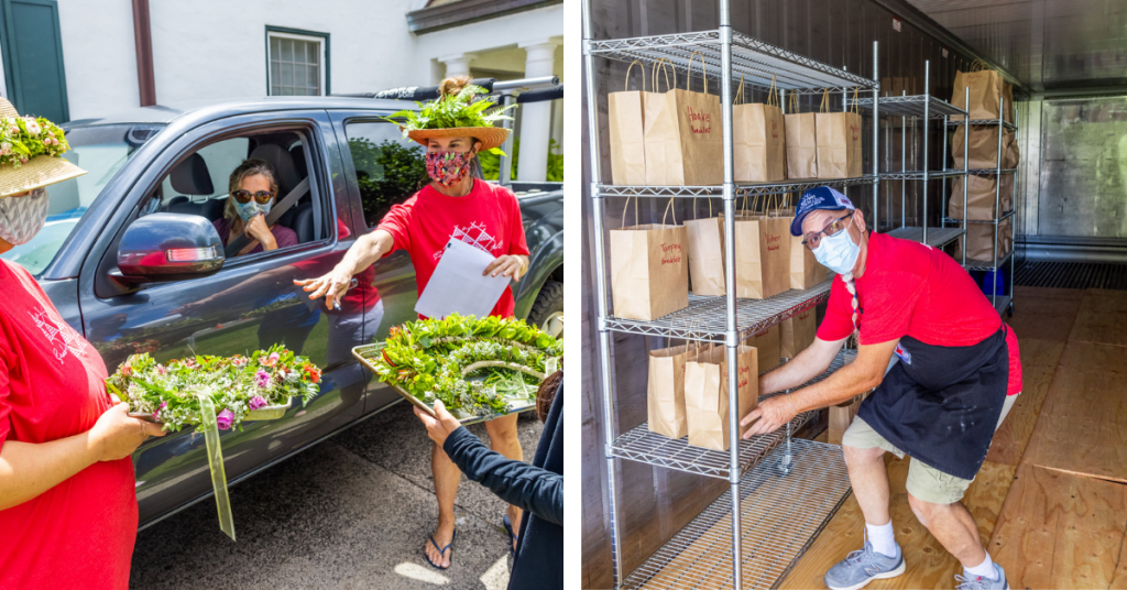 Seabury Hall volunteers in masks sell flowers, gift baskets, and lei