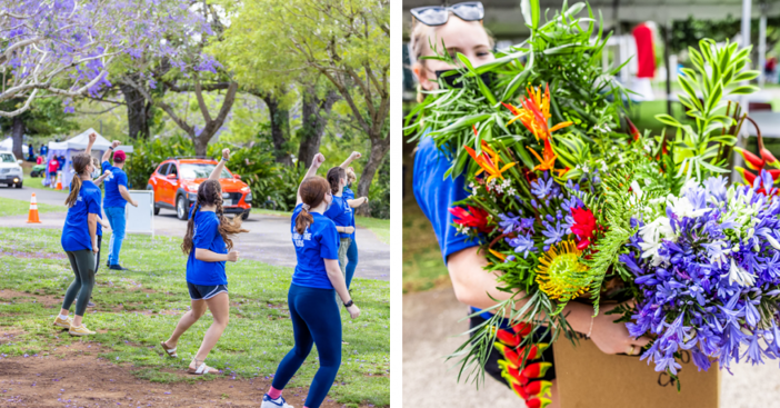 Seabury Hall students cheer on Giving Day festivities and carry flowers 