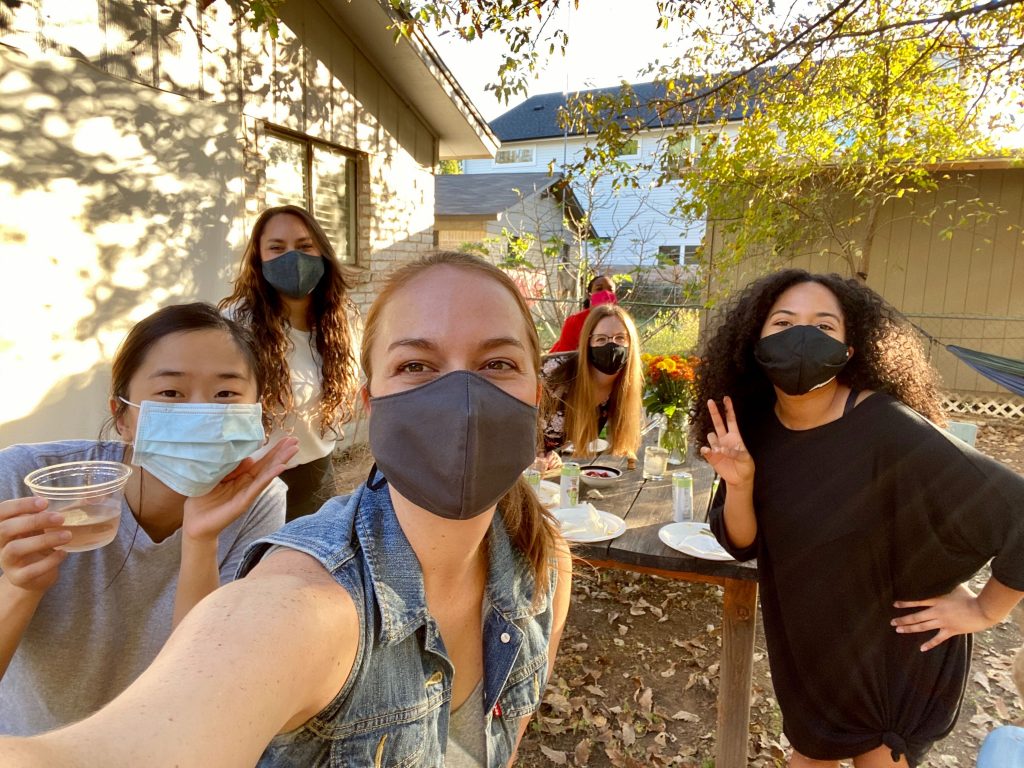 GivePulse team wearing masks to celebrate Friendsgiving 