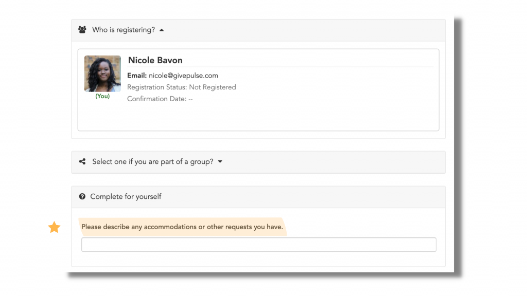 Image of the registration page. A user has registered and is prompted with the following text box to complete that states "Please describe any accommodations or other requests you have."