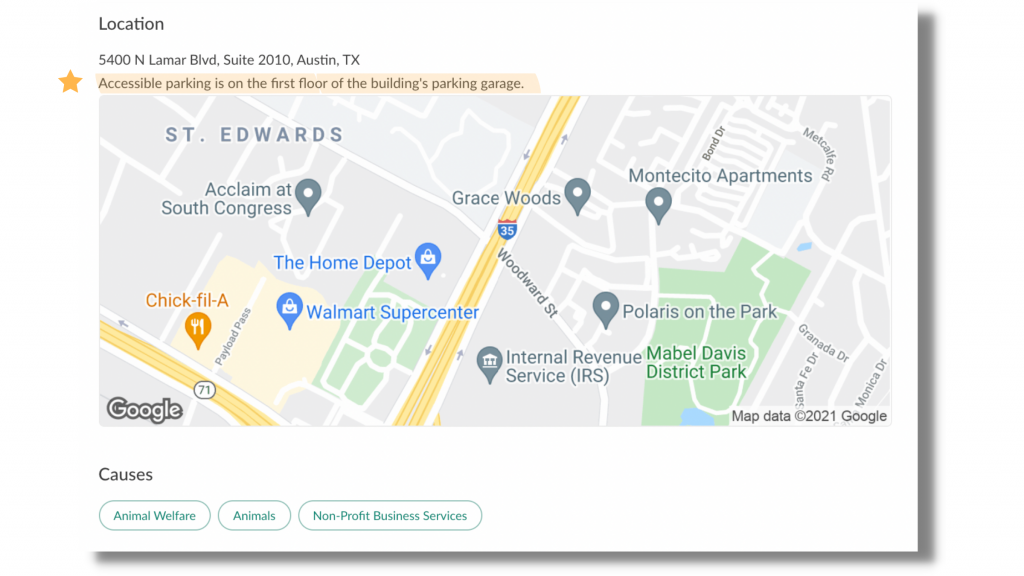 Map that shows where the organization is located. In this case, it is in Austin, Texas. There is a parking notice that states "Accessible parking is on the first floor of the building's parking garage."