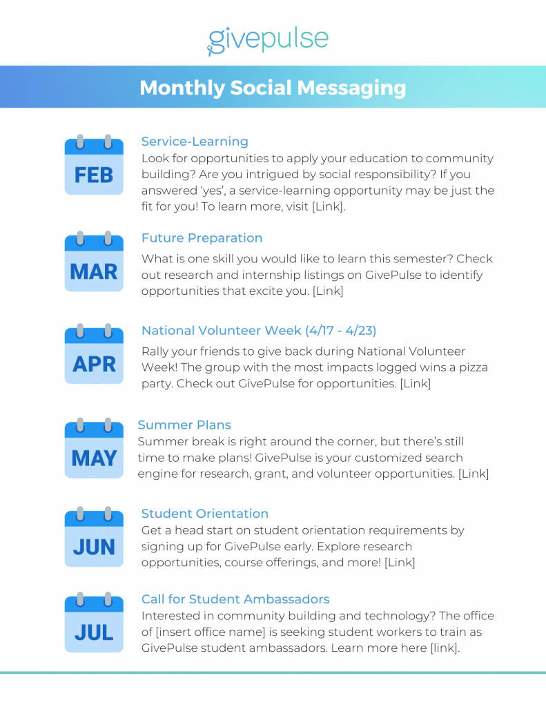 GivePulse Monthly Social Messaging calendar