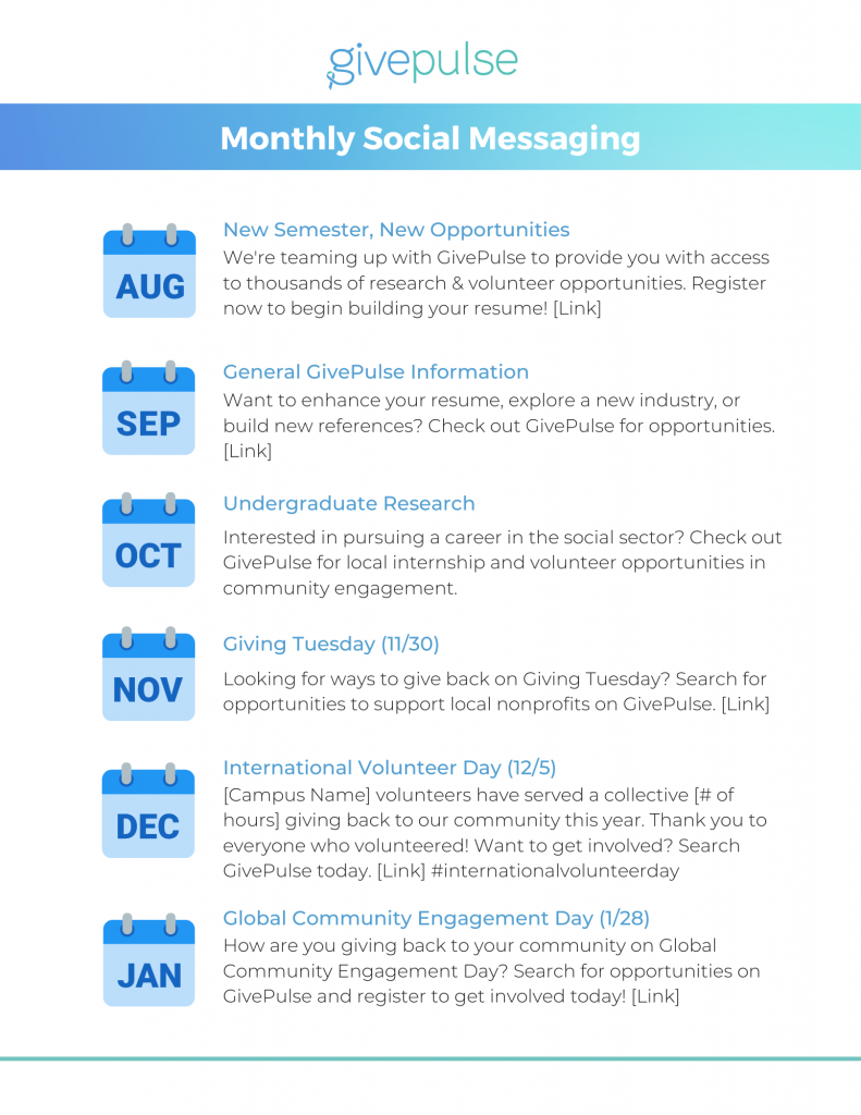 GivePulse Monthly Social Messaging calendar
