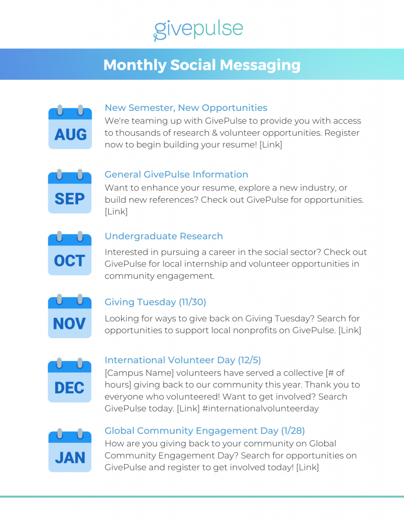 GivePulse Monthly Social Messaging calendar 