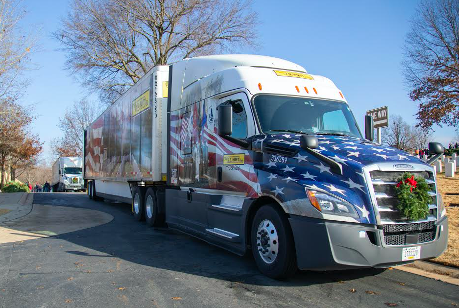 A JB Hunt truck mobilizes for Wreaths across America