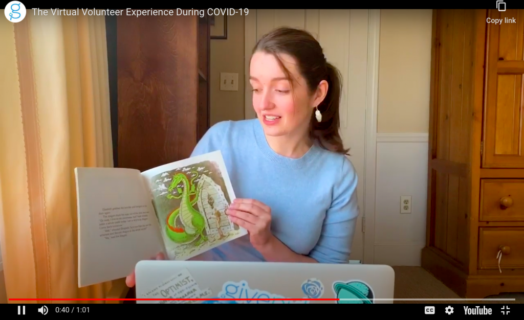 Screenshot of GivePulse employee reading aloud in Virtual Volunteer video resource