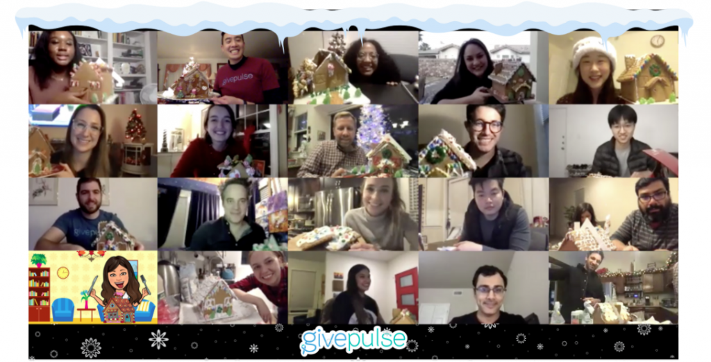GivePulse team members hold up Gingerbread houses on Zoom 