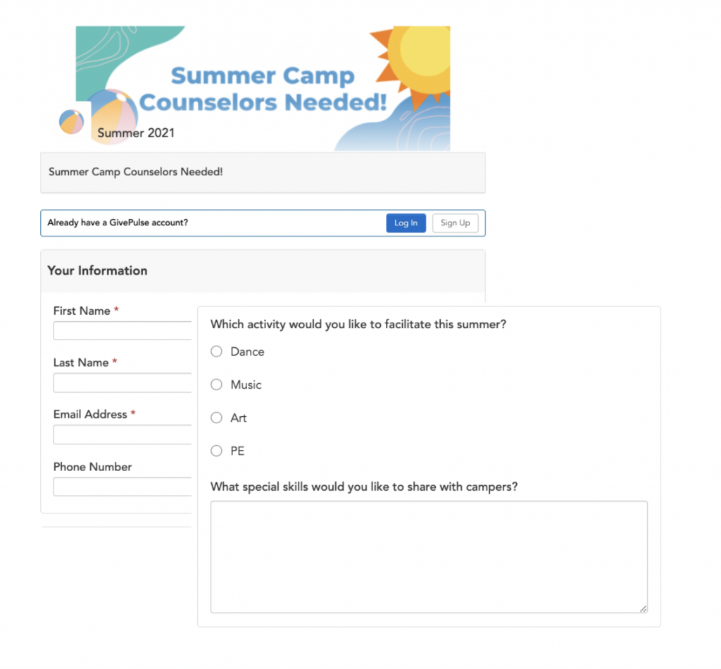 Summer camp counselor application on GivePulse