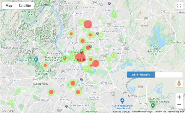 Heatmap created by GivePulse showing impacts based on event location so you can view the areas of the community where your volunteers spend the most time. 