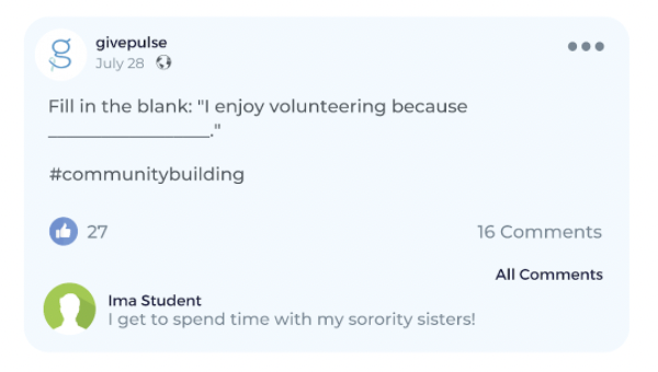 GivePulse Facebook post screen shot with test reading "Fill in the blank: 'I enjoy volunteering because blank" 