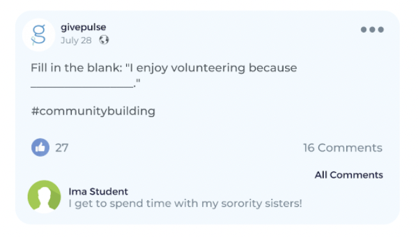 GivePulse Facebook post screen shot with test reading "Fill in the blank: 'I enjoy volunteering because blank"