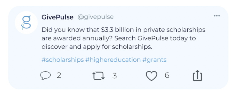 GivePulse twitter post with text reading "Did you know that $3.3 billion in private scholarships are awarded annually? Search GivePulse today to discover and apply for scholarships"