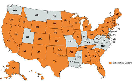 Map of the United States showing what states are holding Gubernatorial elections in 2022