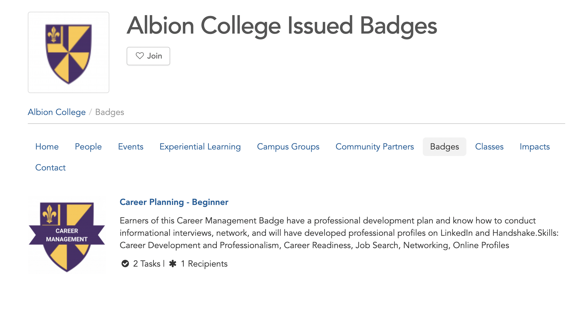 Albion College badge pages on GivePulse. Award students and volunteers badges for meeting certain criteria 