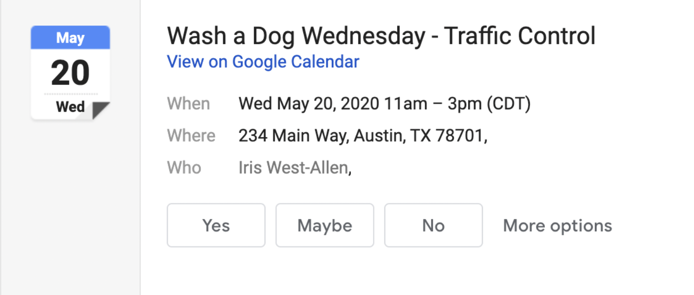 Screenshot of a Google Calendar invite sent from GivePulse