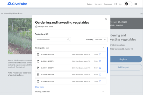 Registration workflow popup box. Choose your shift easily 