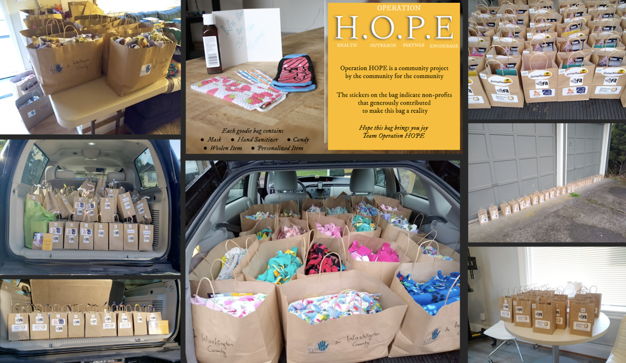 Multiple images of the Asha Hope Amanaki goodie bags they were able to make and donate to homeless shelters 