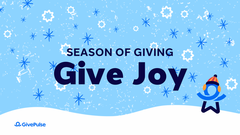 Abstract snowy background with text reading "Season of Giving: Give Joy"