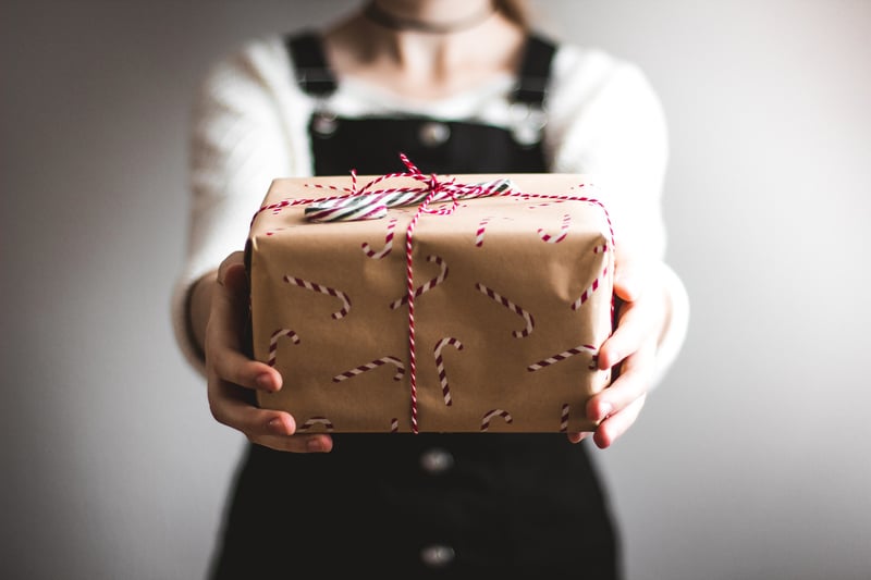 A person holding out a holiday gift.