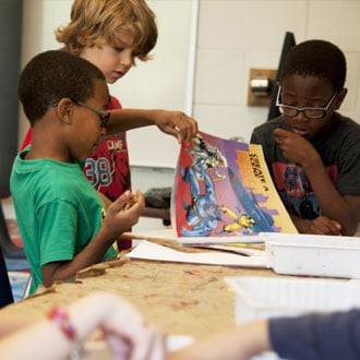 Kindergarten or middle school students in the classroom working on art projects
