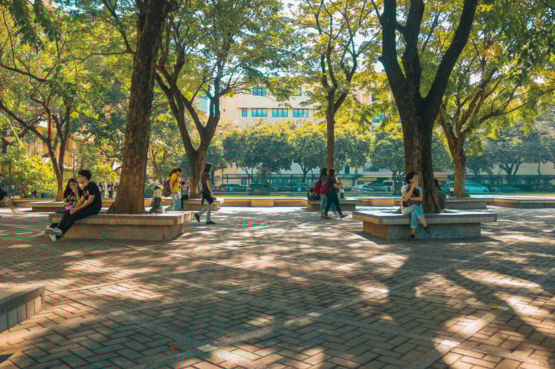 Students sitting and talking in the quad 