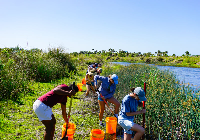 Six students participating in service learning by helping a local parks foundation clean up the park