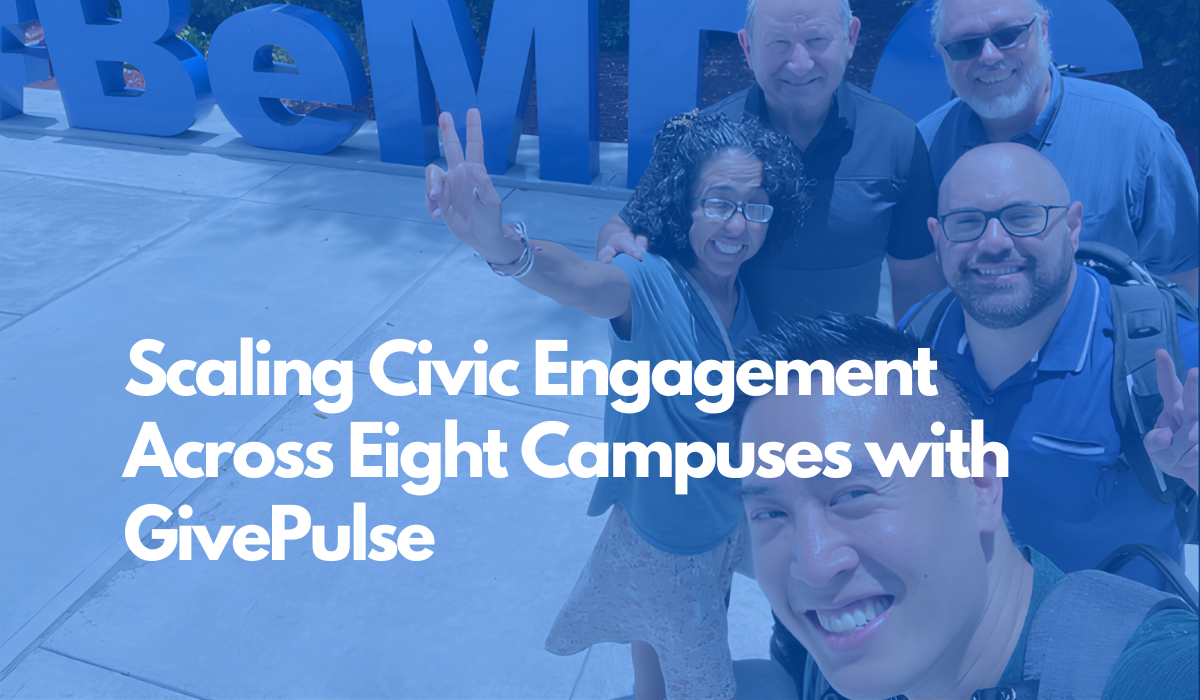 Background image of Josh and the team at iCED Miami Dade on campus with text reading Scaling Civic Engagement Across Eight Campuses with GivePulse