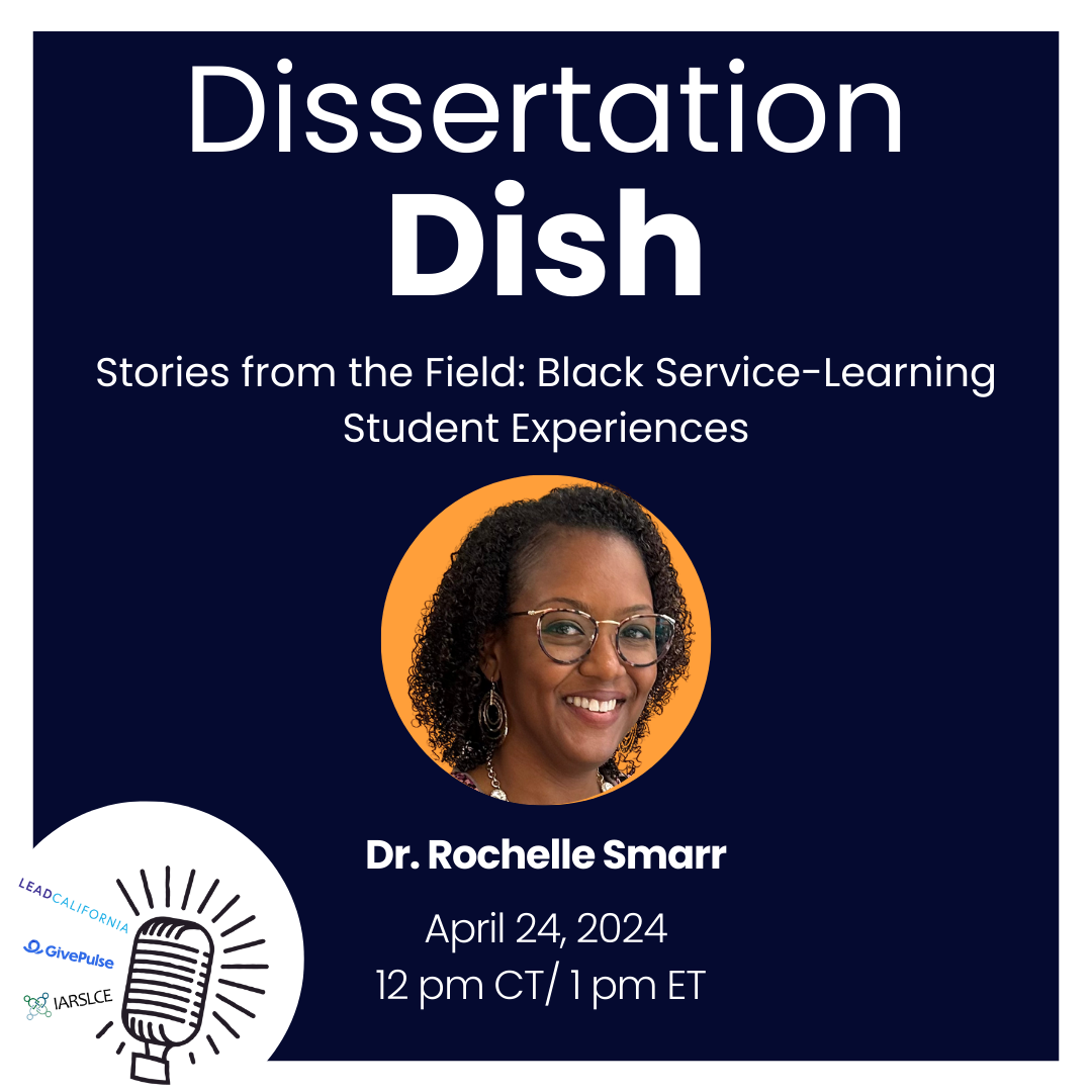 Dark blue background with the upcoming Dissertation Dish session details with a headshot of Dr. Rochelle Smarr 