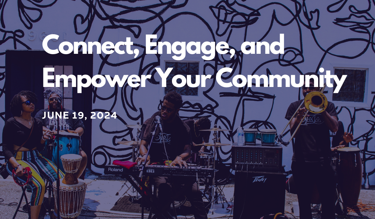 Background image of a band playing with text reading "Connect, Engage, and Empower Your Community" 