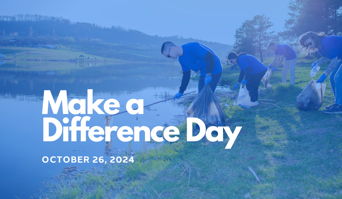 Background image of volunteers celebrating Make a Difference Day by participating in a local park cleanup event with text reading "Make a Difference Day" 