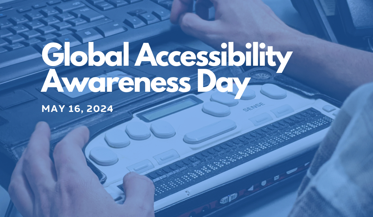 Global Accessibility Awareness Day showing a person typing on a braille keyboard
