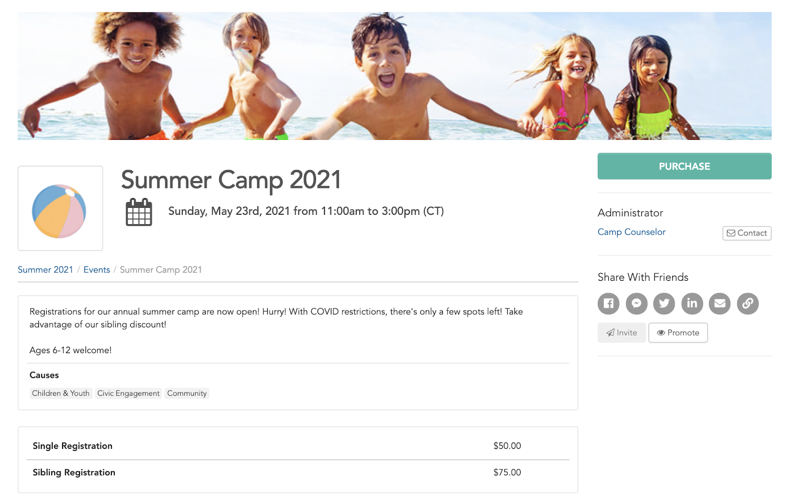 Summer Camp registration page on GivePulse