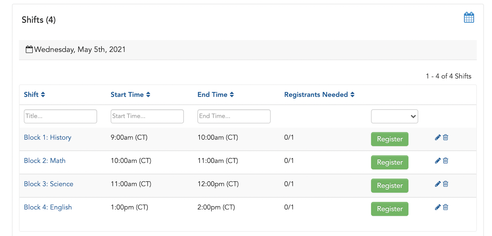 Registration page for a GivePulse event with four shifts 