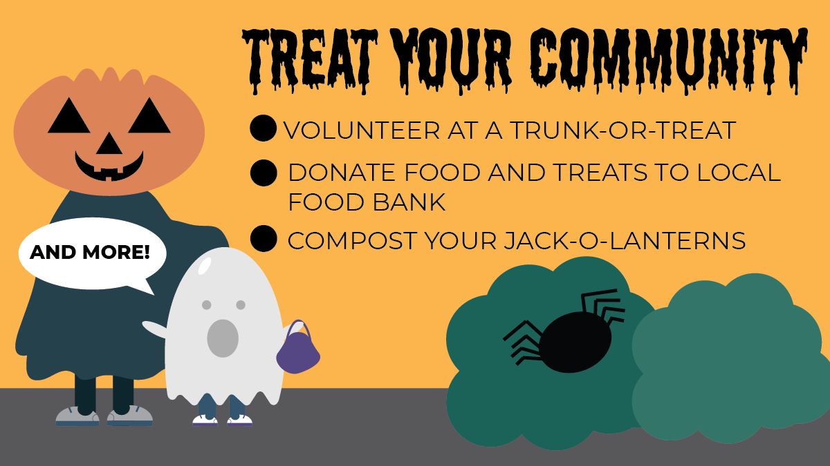 Treat your community: Volunteer at a Trunk-or-Treat, Donate food and treats to local food bank, compost your jack-o-lanterns, and more! 