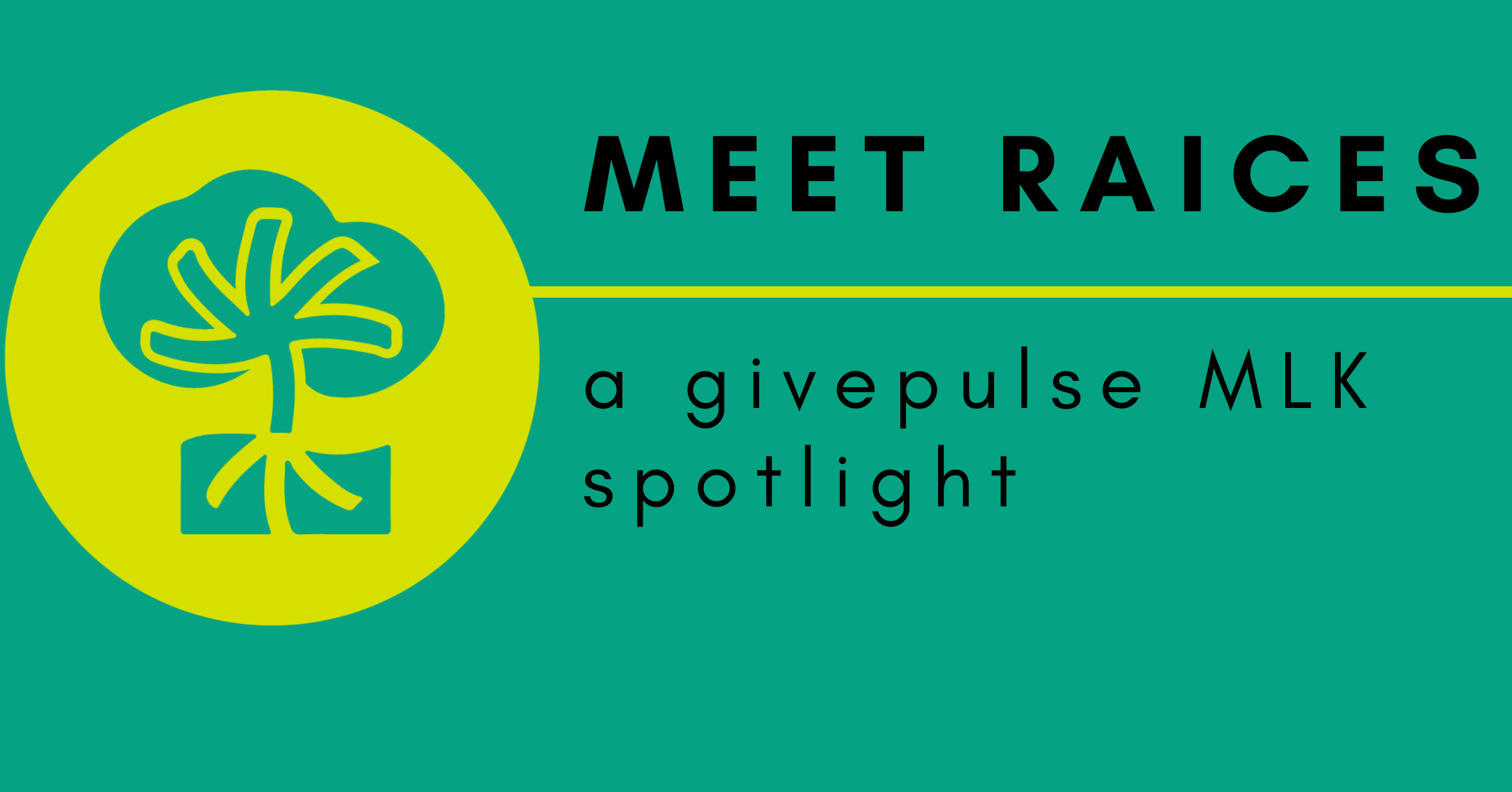 Green image with RAICES logo with text reading Meet RAICES A GivePulse MLK Spotlight 
