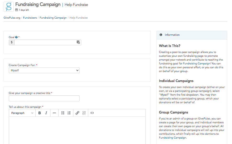Peer-to-peer crowdfunding page on GivePulse