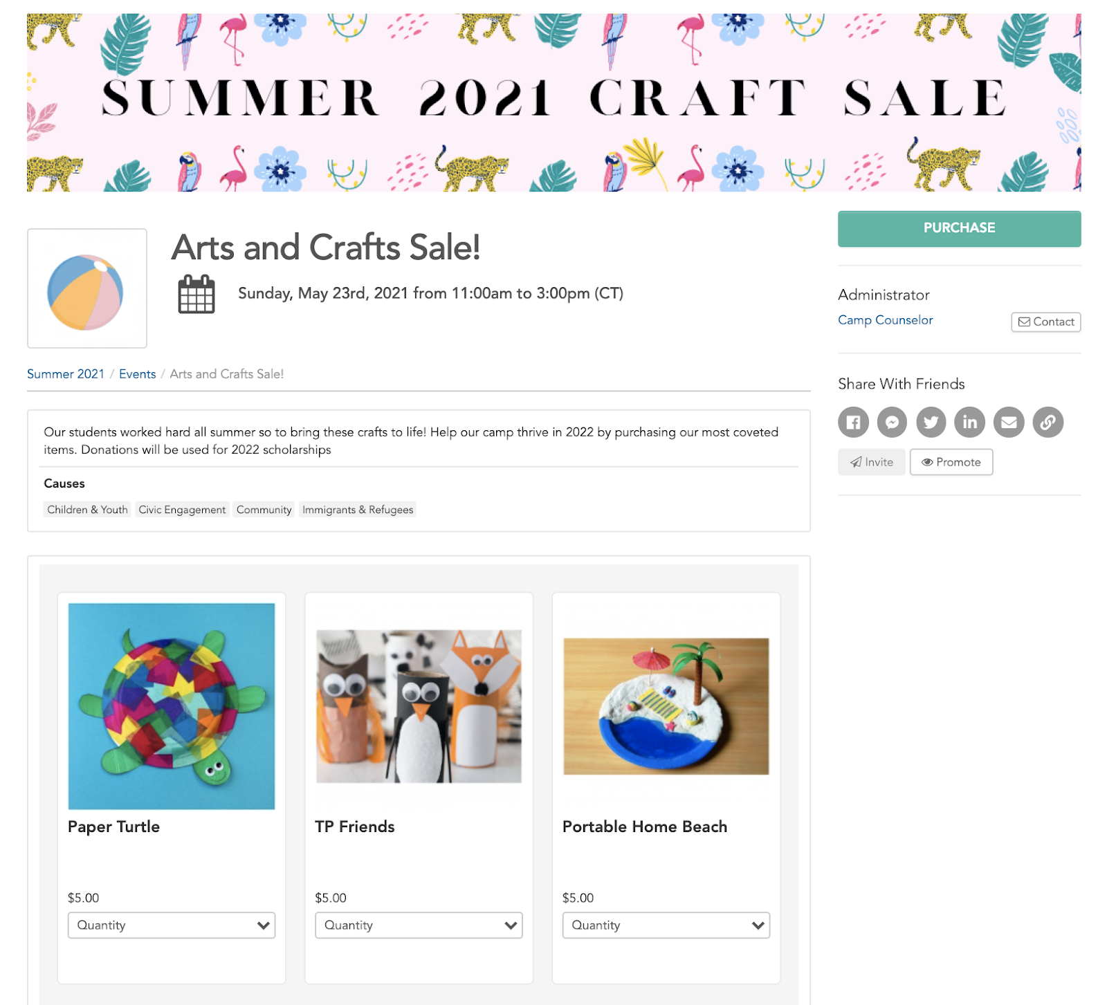 Summer camp arts-and-crafts sale page on GivePulse