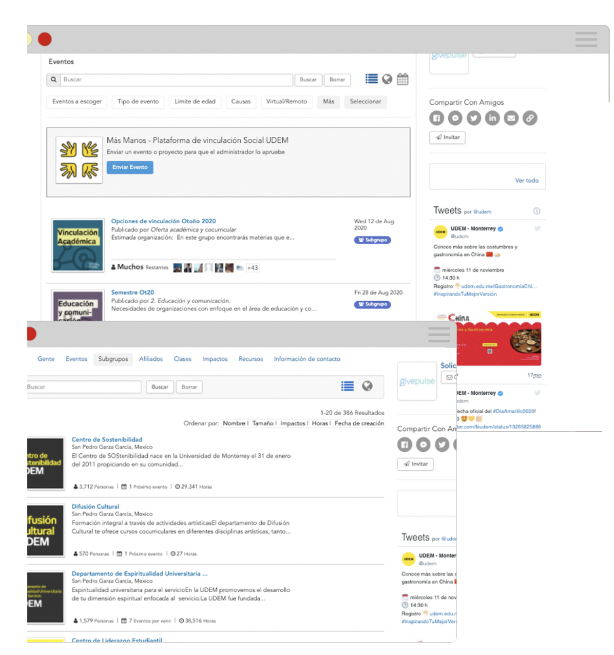 Screenshots of the GivePulse platform
