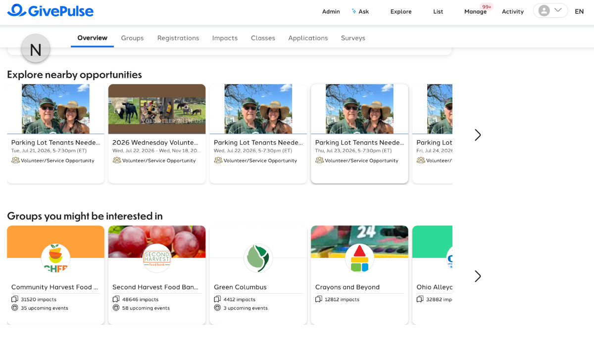 GivePulse explore page, showcasing various volunteer opportunities.